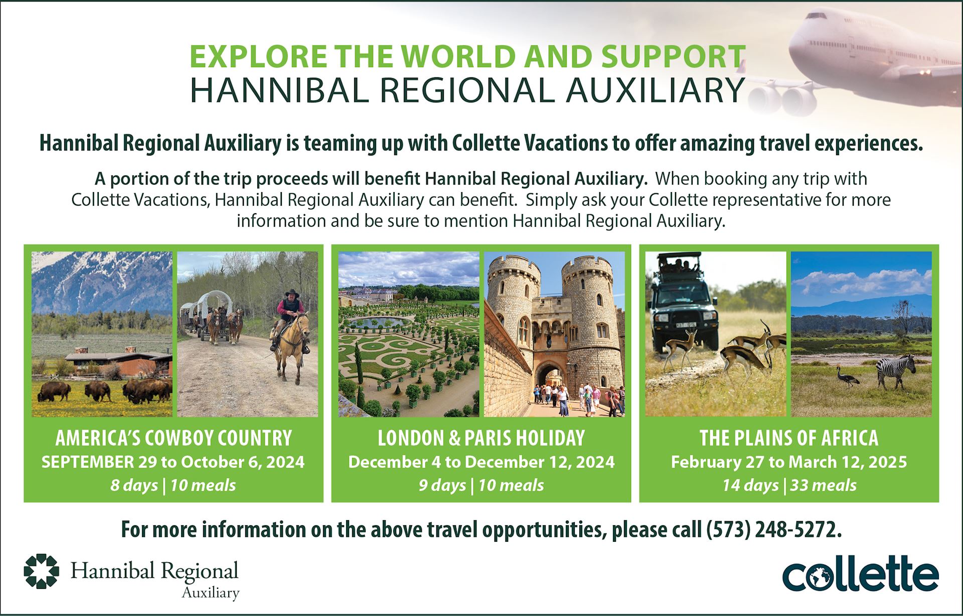 Explore the World and Support Hannibal Regional Auxiliary. Contact us for details.